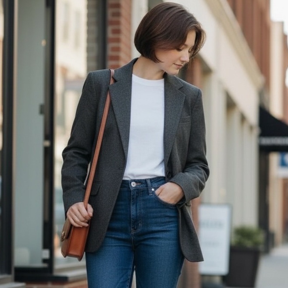 Lands End Women's Petite 10 Charcoal Gray‎ Wool Cashmere Blazer Jacket